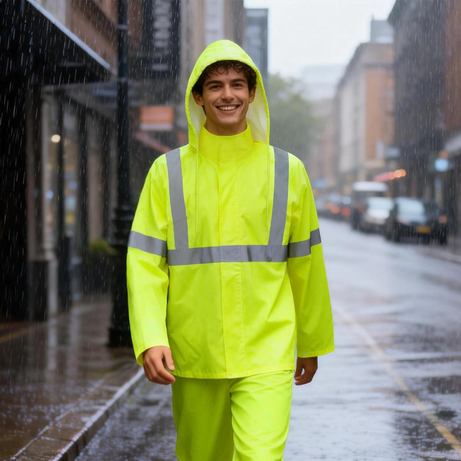 High Visibility Rain Coat, High Vis Rain Suit for Men, Waterproof Rain Jacket with Hood, Class 3 Lightweight Hi Vis Rain Gear for Outdoor Activities& Safety Work, Men Women, Yellow T, S-M