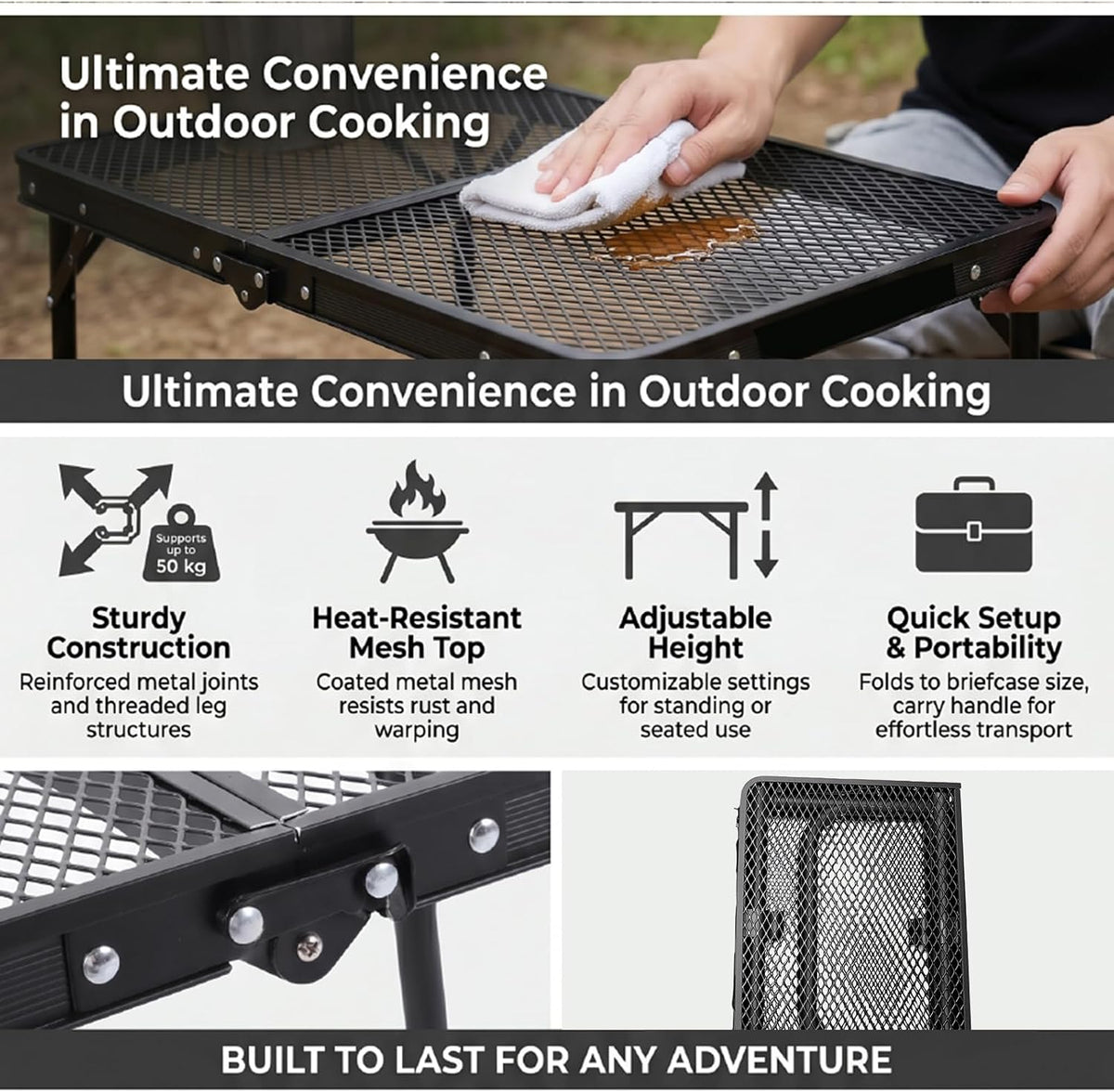 Foldable Grill Table Camping Table with Mesh Top Portable Aluminum Adjustable Height