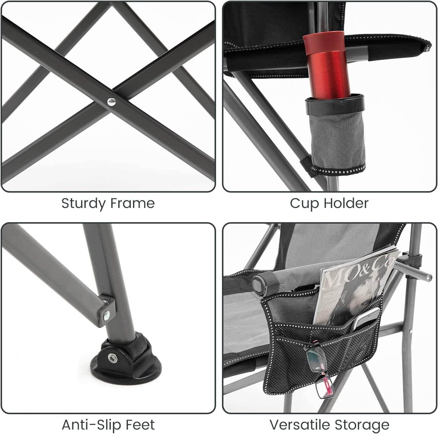 XGEAR 330LB Heavy Duty High Back Hard Arm Camping Chair with Cup Holder