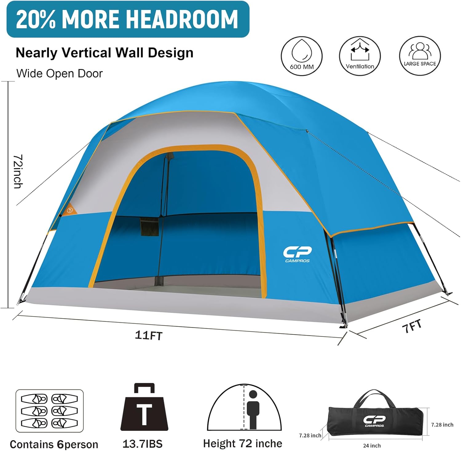 CAMPROS CP Tents for Camping 2/4/6 Person, Waterproof Windproof Dome Tent