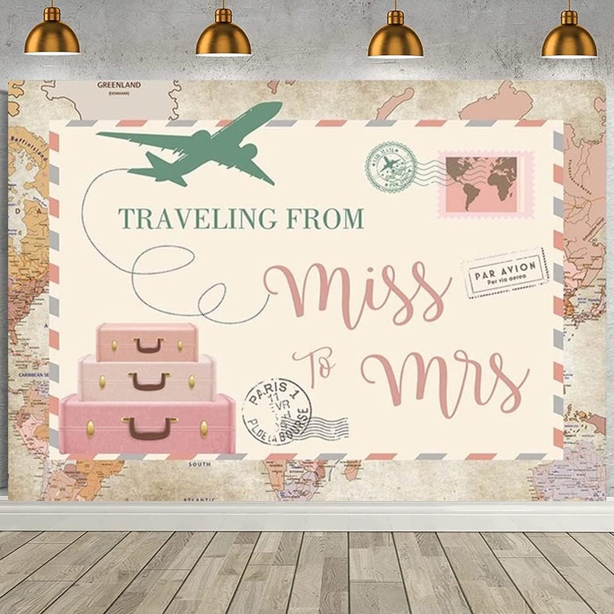 Traveling from Miss to Mrs Photography Background Postcard Suitcases Travel Adventure Begin Backdrop Bridal Shower Wedding Supplies Baby Shower Party Decorations (7X5FT)
