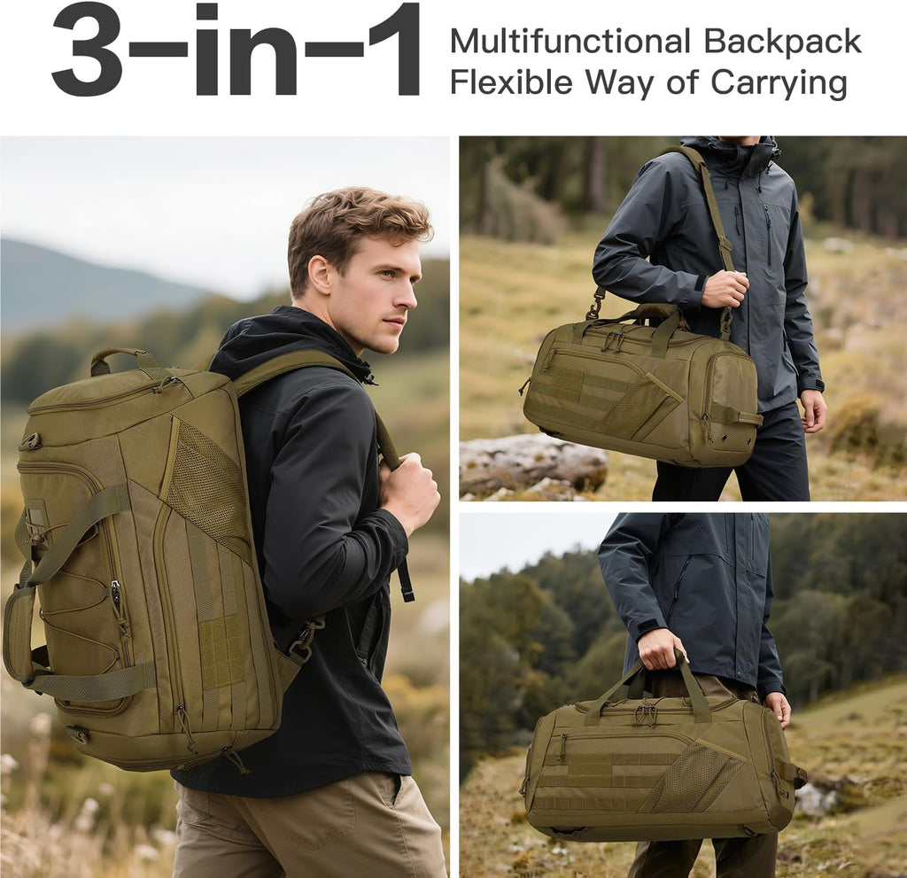 3-in-1 Tactical Gym & Travel Duffle Bag Backpack Men Multi-Functional 45L Military Sports Duffle Bag with Shoe Compartment & Wet Pocket for Workout Weekender Overnight Bag with Molle Webbing, Brown