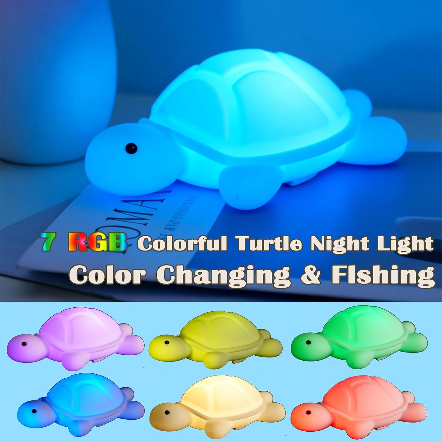 Turtle Night Light, Sea Turtle Gifts, Cute Soft Silicone Squishy LED Lamp with 7 RGB Colors , Dimmable, Timer, Touch Control, Kids' Bedroom Decor, Gift for Children, Breastfeeding Nursery Birthdays