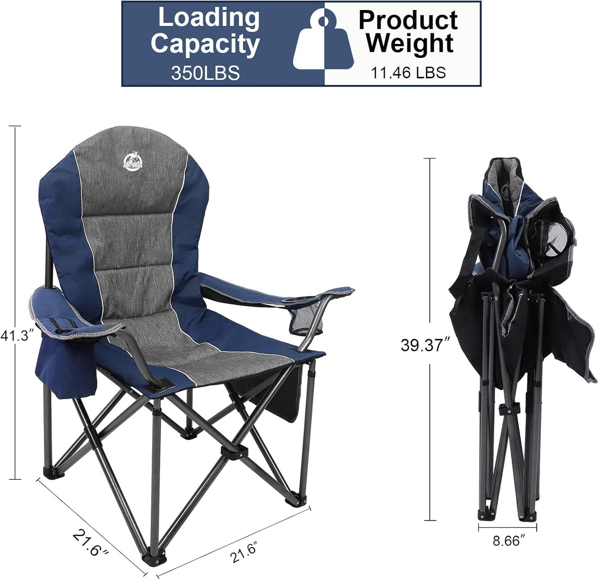 Northroad Oversized Portable Camping Chair, Full Padded Outdoor Folding Chair Support 350 LBS, Heavy Duty Lawn Chair with Cup Holder, Cooler Bag, Lumbar Support, Head Pocket for Adult-Blue