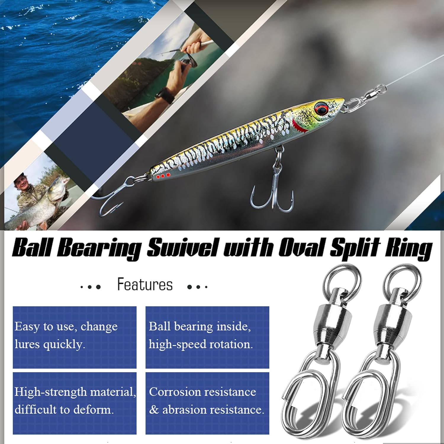 AMYSPORTS High Strength Snap Swivel Stainless Split Rings Fishing Swivel Freshwater Ball Bearing Swivels Fishing Saltwater, 25pcs, 30lbs