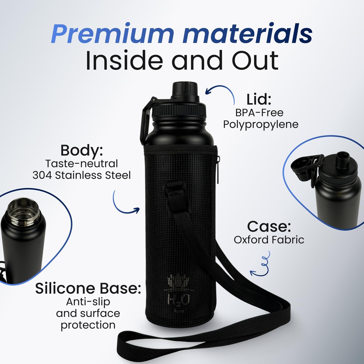 Premium 1 Liter Water Bottle (33.8 oz) with Carrying Case & Strap - Double Wall Vacuum Insulated Stainless Steel Water Bottle - Leakproof Lid, Wide Mouth, BPA-Free, Removable Strainer – Black