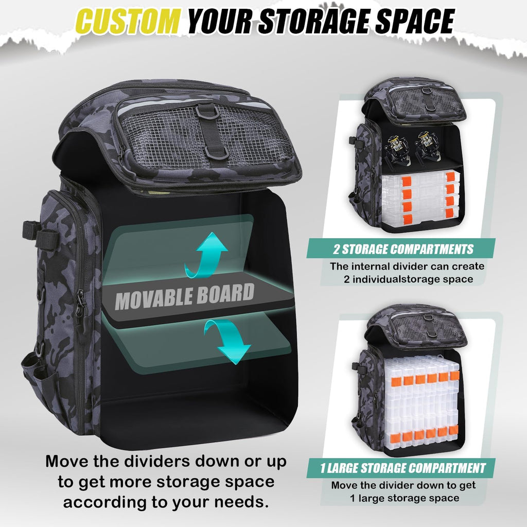 HAMBOLY 45L Fishing Backpack with Rod Holders & Built-in Foldable Divider