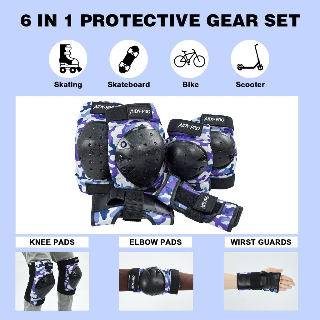 AIDY-PRO Adult/Youth/Kids Knee Pads and Elbow Pads Set Skateboard Protective Gear, 6 in 1 Knee Guards Kids Wrist Guards for Roller Skating Skateboarding Biking
