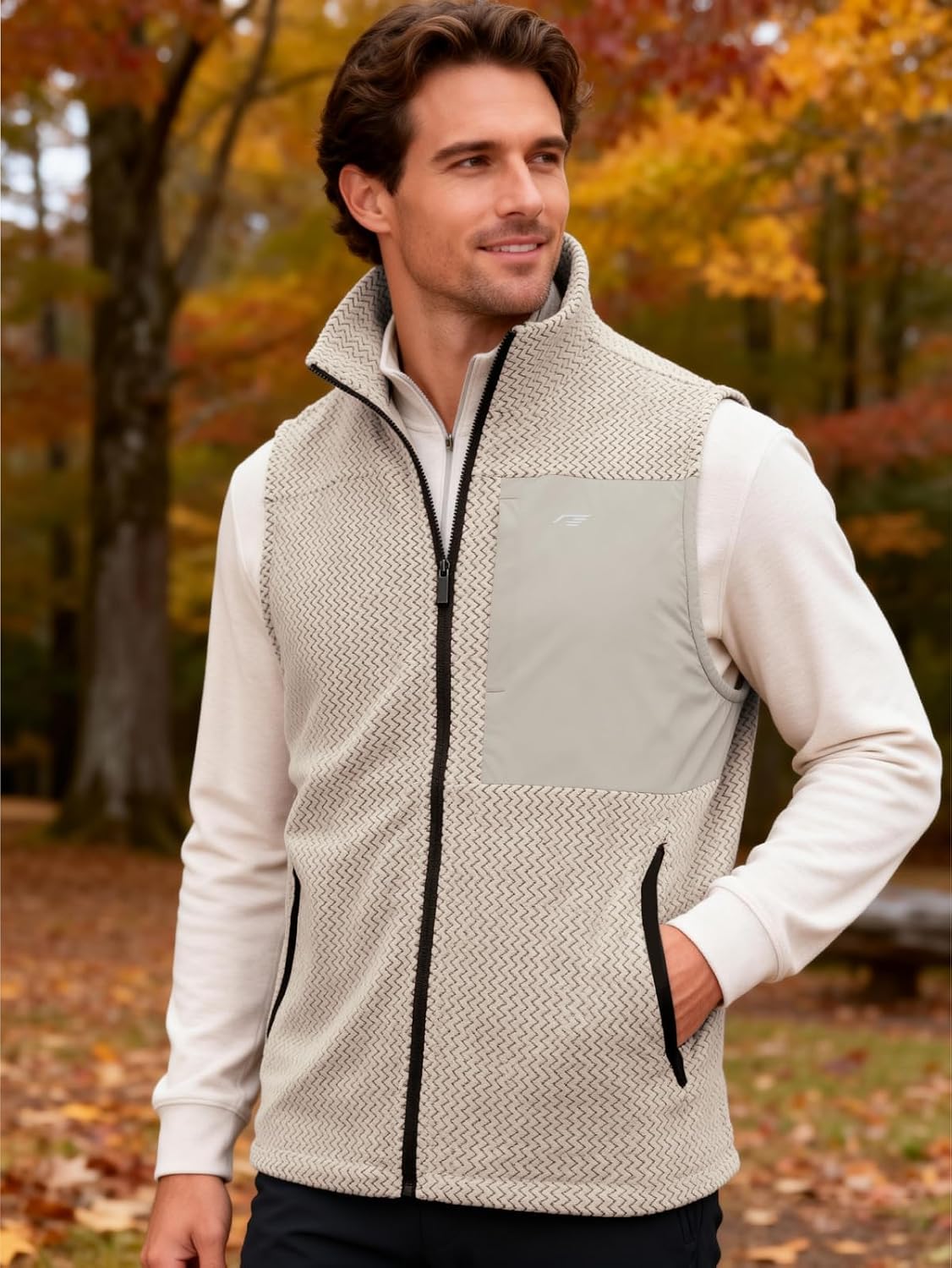 Mens Fleece Vest Mock Neck Full Zip Textured Sleeveless Jacket with Zippered Chest Pocket Active Fit Hiking Golf Top