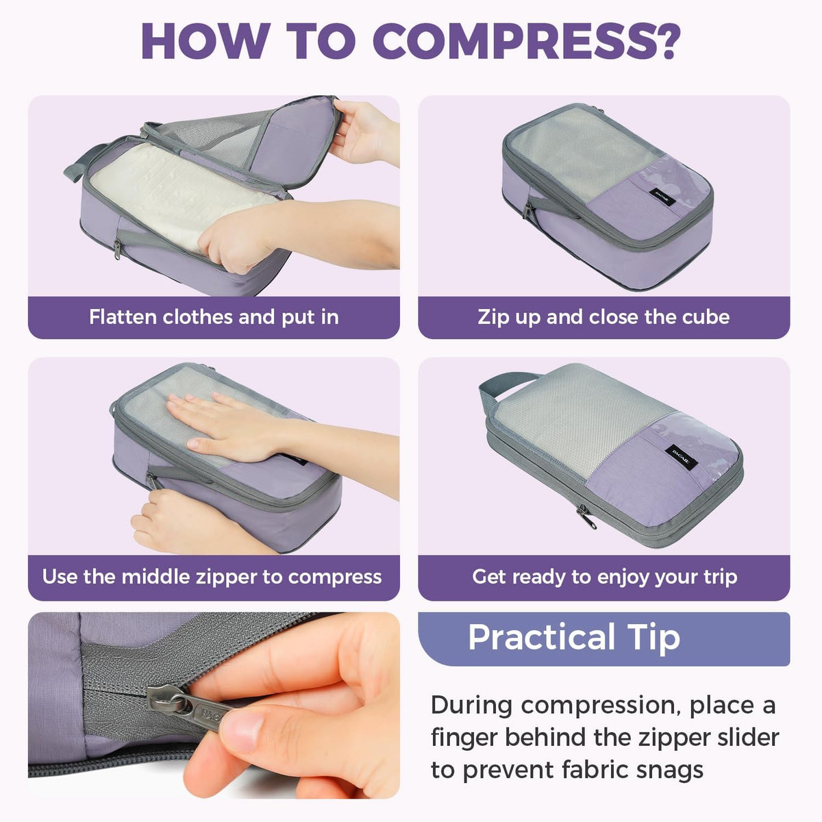 BAGAIL Lightweight Compression Packing Cubes for Travel, 6 Set,Dusty Purple