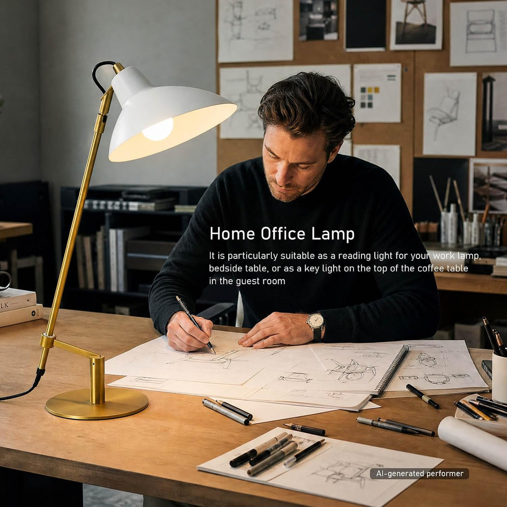 Desk Lamp Modern Industrial 100% Metal Adjustable Table Lamp 24", Natural Light (4000K) with Dimmer, Ideal for Office Bedroom Study Room Living Room Nightstand Bedside Lamps White+Brass