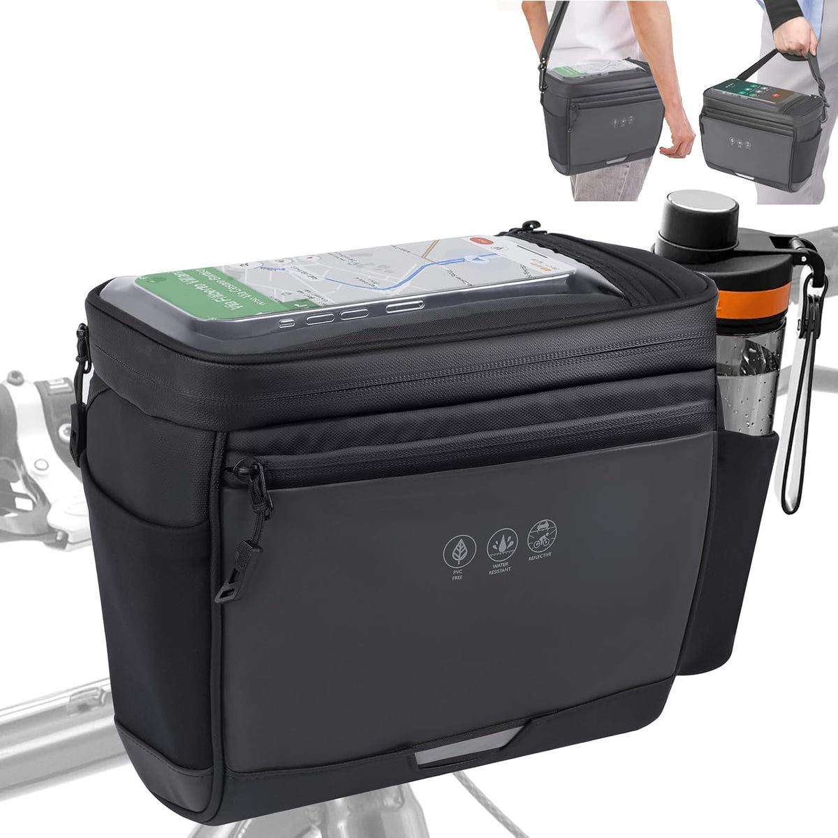 Bike Handlebar Insulated Bag, Waterproof Mountain Bike Crossbar Front Bike Phone Bag Cooler Storage Pouch with TPU Touch Screen Insulation for Outdoor Hiking Travel 4L
