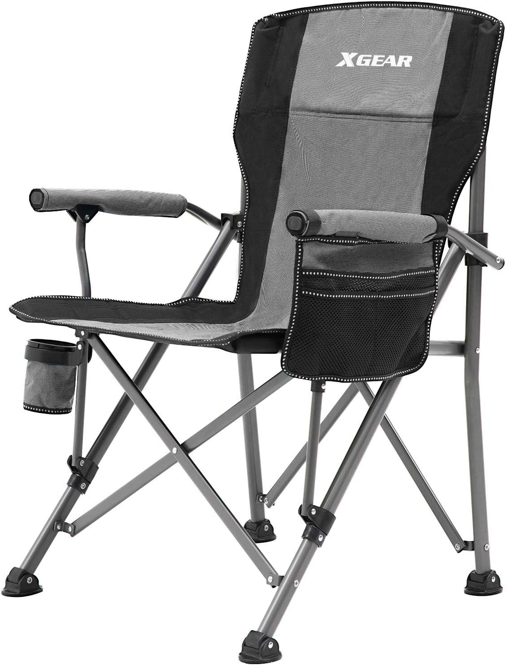 XGEAR 330LB Heavy Duty High Back Hard Arm Camping Chair with Cup Holder