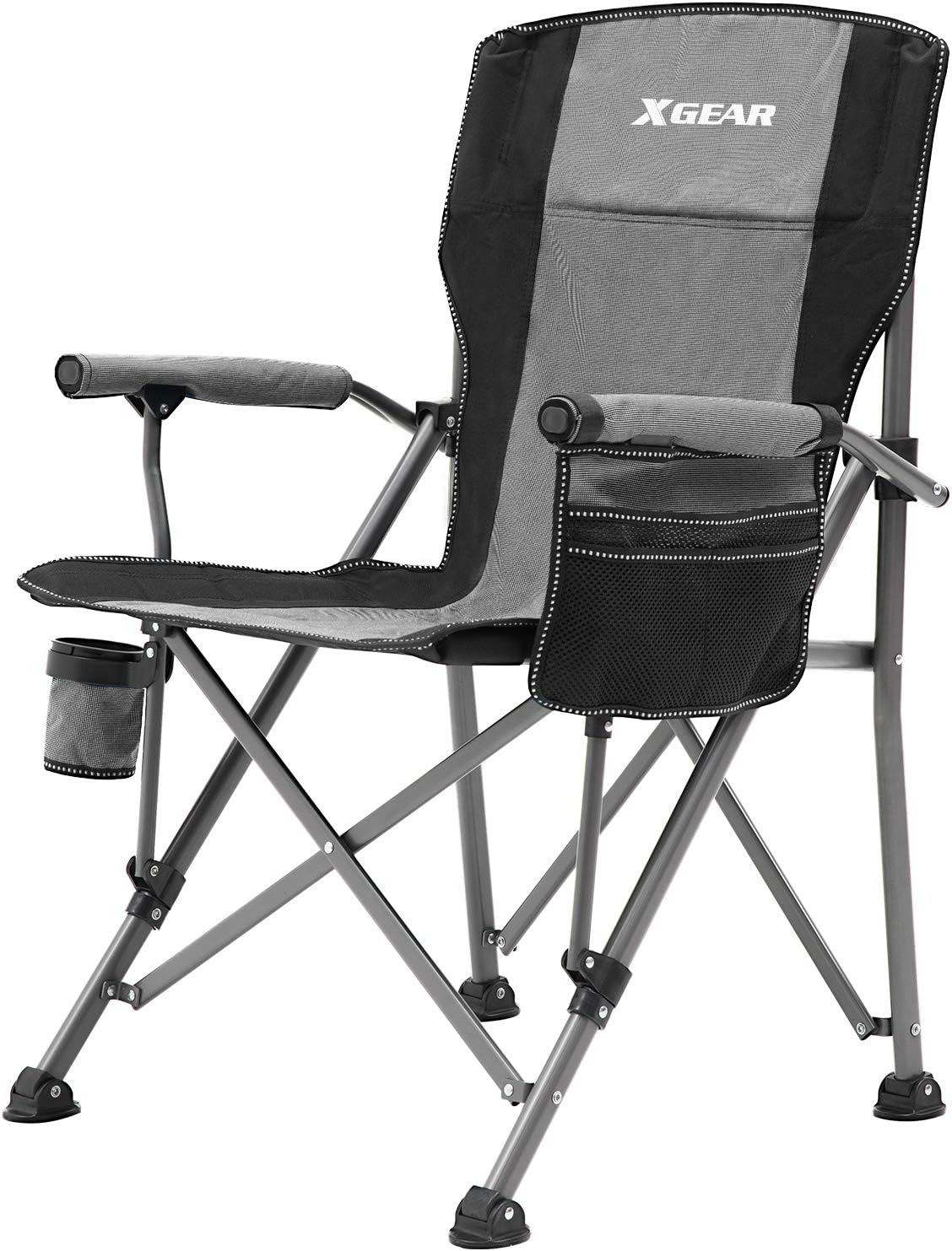 XGEAR 330LB Heavy Duty High Back Hard Arm Camping Chair with Cup Holder