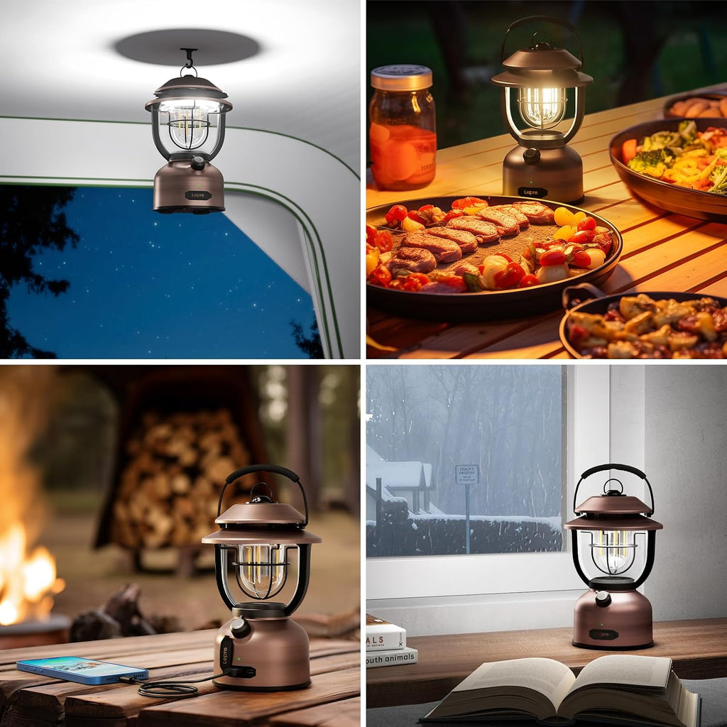 Lepro Vintage LED Camping Lantern Rechargeable - 15000mAh, 1000LM Stepless Dimming, Dual Color Temp 2500K & 5000K, IPX4 Waterproof Retro Railroad Lantern for Camping, Home Decor & Emergency