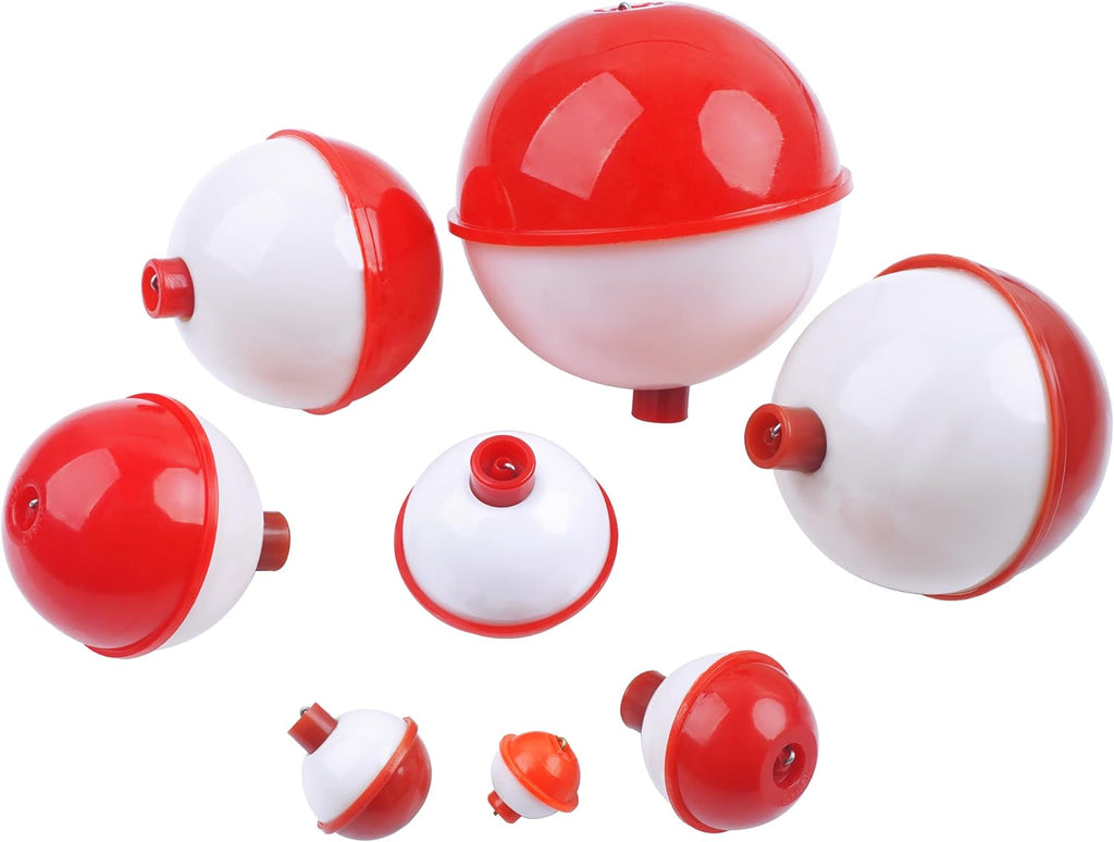 AGOOL Fishing Bobbers Set Snap Hard ABS on Red/White Fishing Floats Bobbers Push Button Round Buoy Floats Tackle Accessories Size: 0.5/0.75/1/1.25/1.5/1.75/2/2.5 Inch