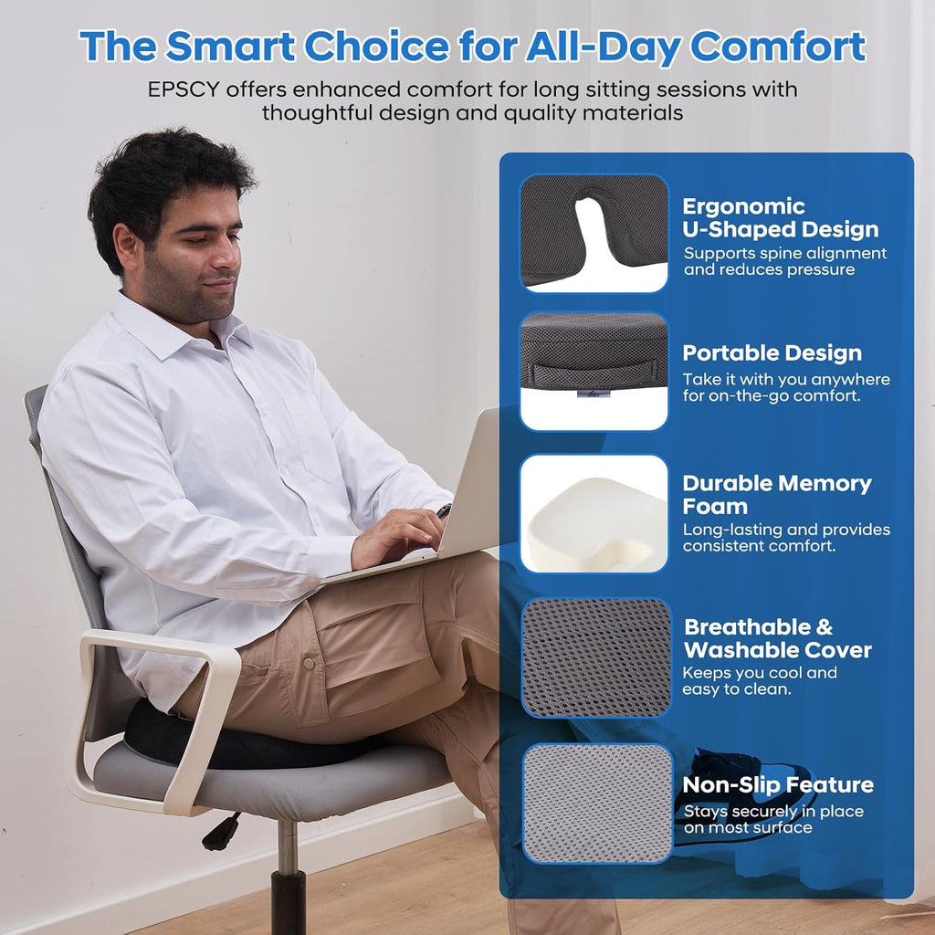 EPSCY Memory Foam U-Shaped Cushion for Coccyx, Hemorrhoid, Sciatica & Tailbone Pain Relief - Pressure Reducing Seat Cushion with Removable Cover - Postpartum Pillow for Office Chair, Wheelchair, Gray
