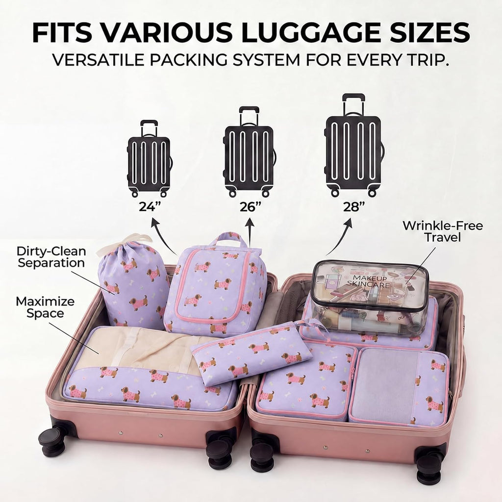 8 Set Packing Cubes for Travel, Durable Luggage Packing Organizers, Carry-On Accessories, TSA Approved See-Through Cubes, Space-Saving Storage Bags, Gifts for Women (Purple Dog)