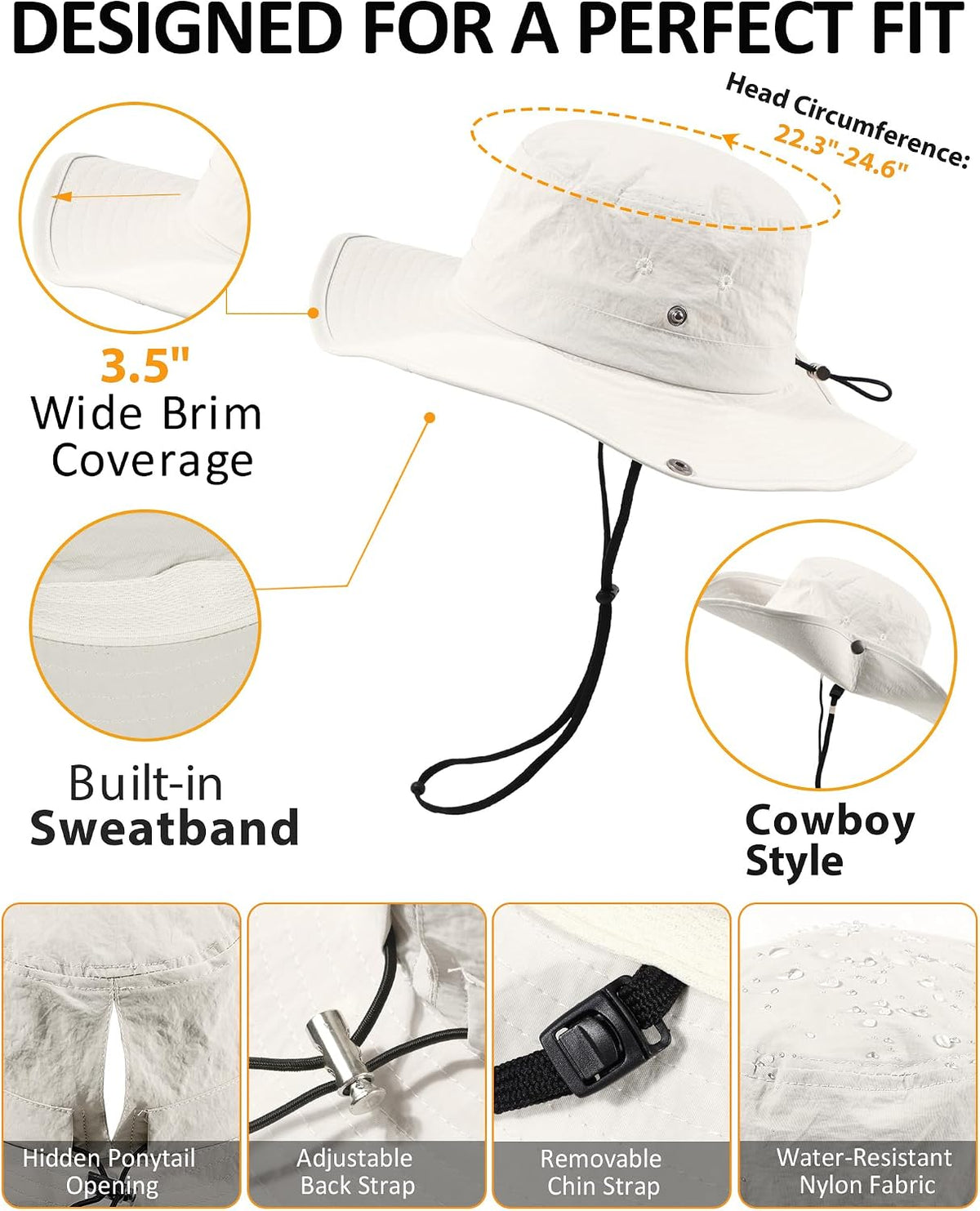 Womens Sun Hat with Ponytail Hole Wide Brim UPF 50+ Waterproof Bucket Hat Packable with Chin Strap for Hiking Beach Travel