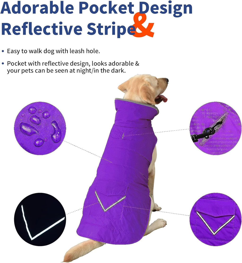 Petglad Dog Coat, Waterproof Dog Winter Jacket with Pocket, Reflective Adjustable Pet Snow Vest, Warm Cozy Fleece Sweater for Small Medium Extra Large Dogs - Purple, S