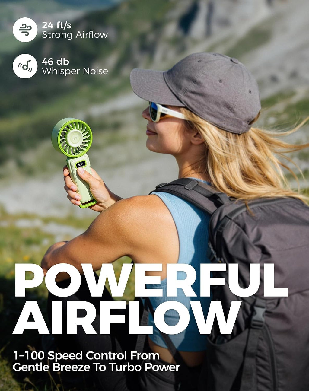 Diveblues Portable Turbo Fan, 100 Speed Handheld Fan with Strong Airflow, Foldable 4 in 1 Personal Fan for Neck, Desk & Travel, USB-C Rechargeable, Lightweight for Summer, Concerts & Outdoor Use
