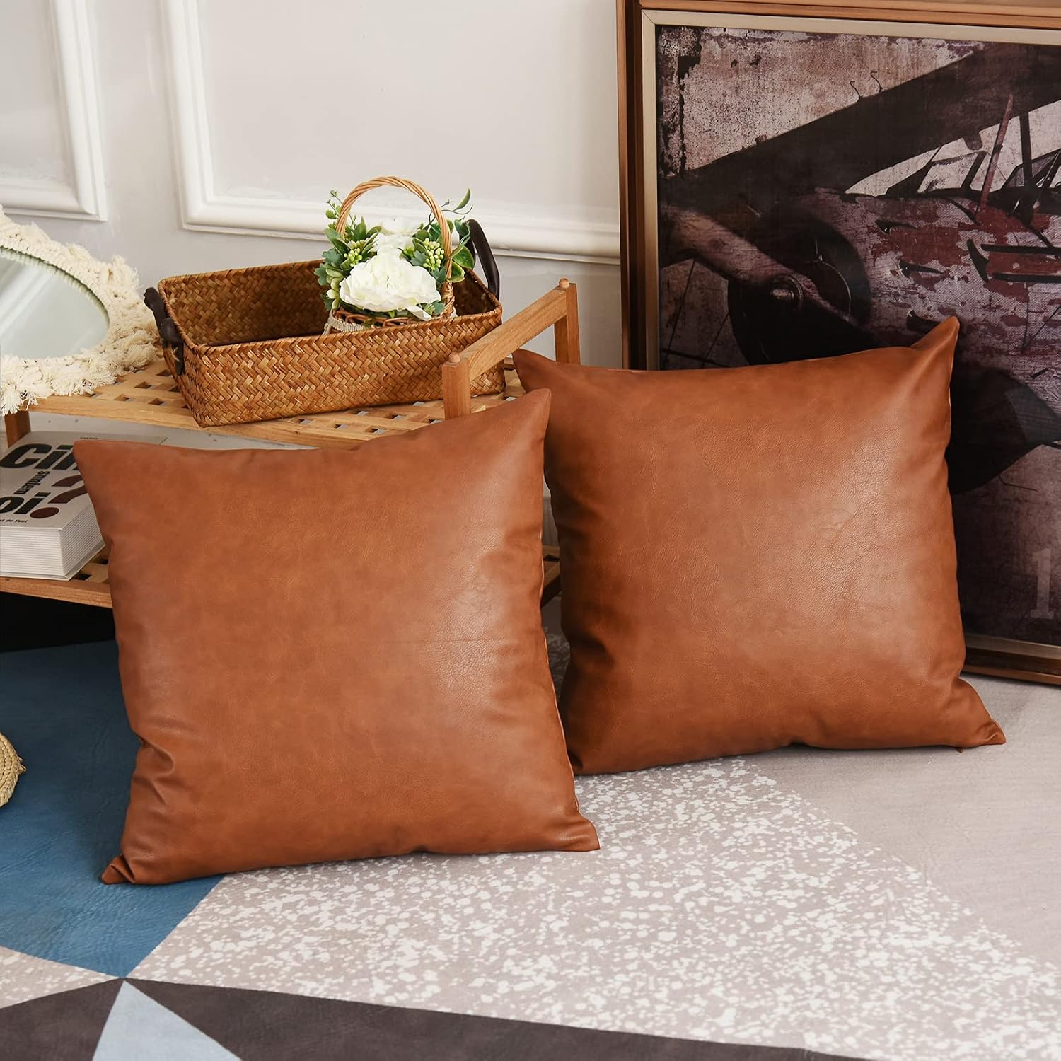 Tosewever Faux Leather Throw Pillow Covers, 18 x 18 inch Set of 2 Luxury Cognac Brown Modern Pillowcases Solid Decorative Square Cushion Cases for Bedroom Living Room Couch Bed Sofa (Brown, 18" x 18")