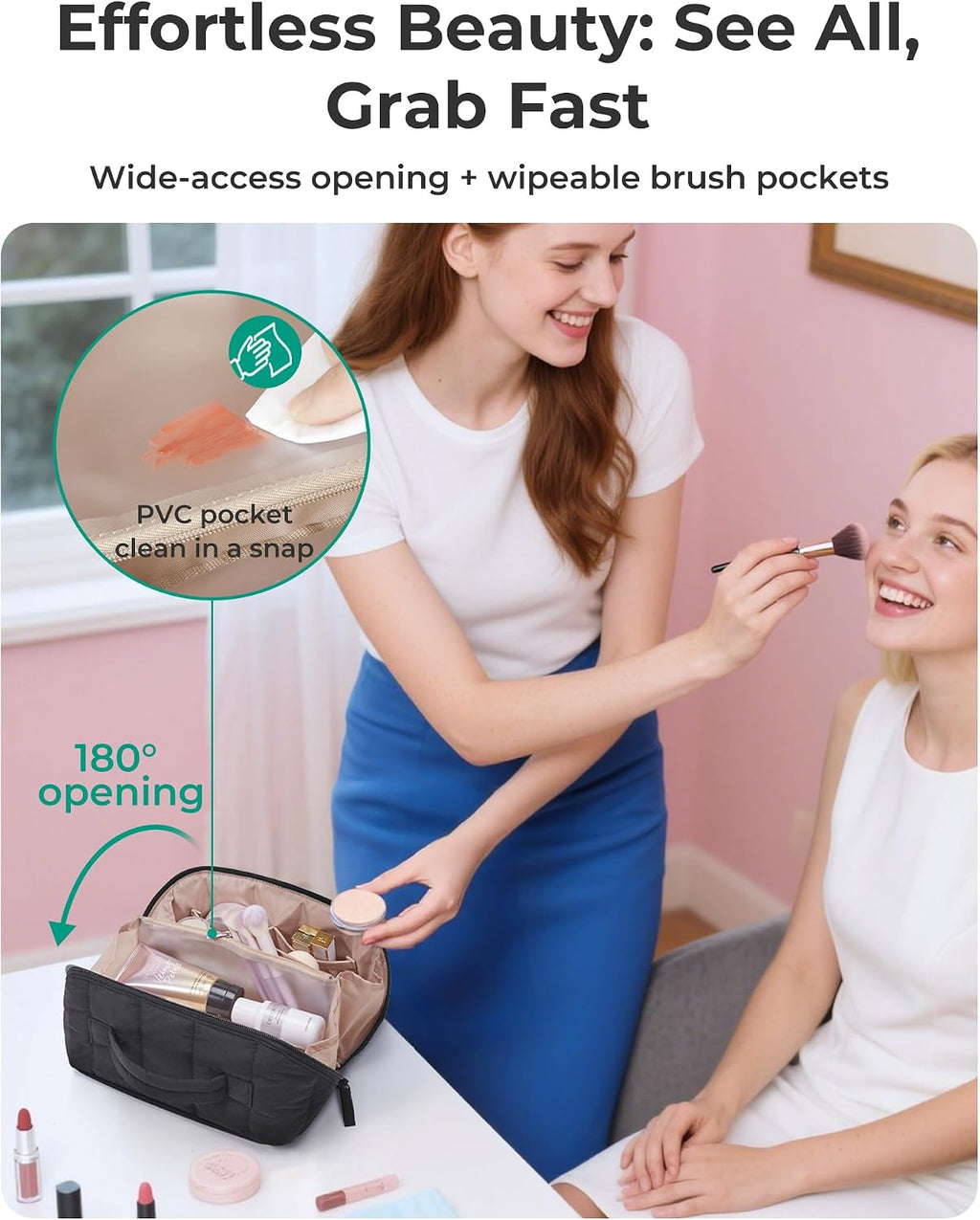 BAGSMART Puffy Travel Makeup Bag Toiletry Bag for Women, Pink