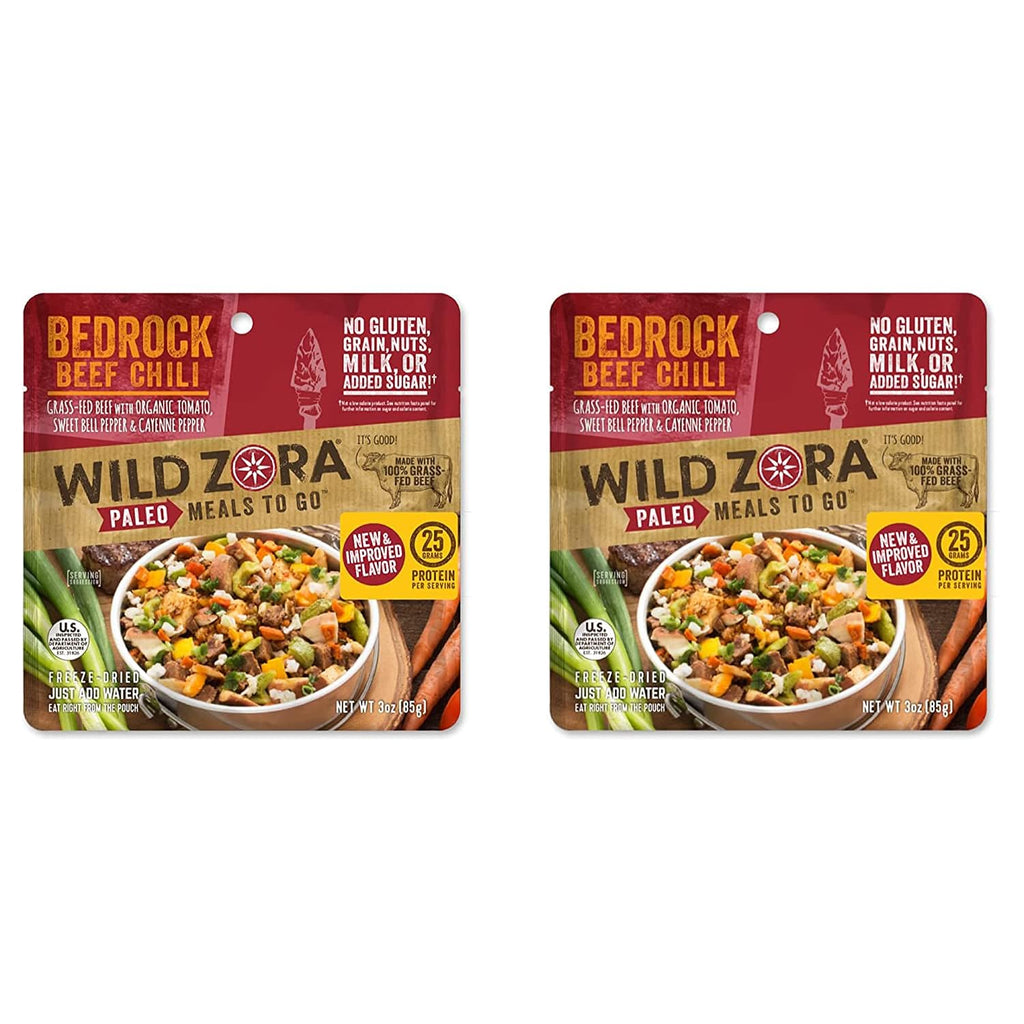 Wild Zora Paleo Freeze Dried Meals for Backpacking & Camping - Healthy Gluten Free & Grain Free Camping Meals/Backpacking Food + No Added Sugar - Great for Travel (Bedrock Beef Chili 2-pack)