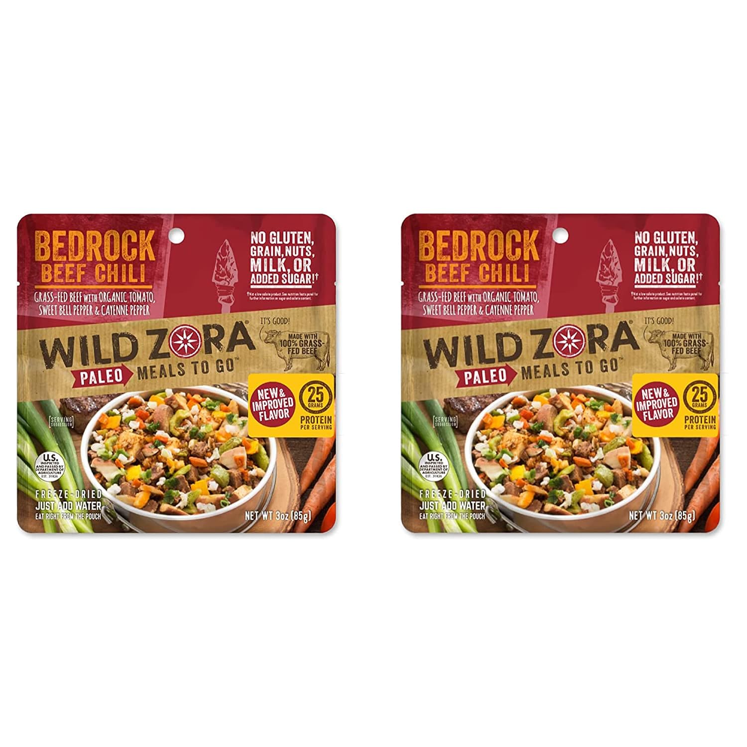 Wild Zora Paleo Freeze Dried Meals for Backpacking & Camping - Healthy Gluten Free & Grain Free Camping Meals/Backpacking Food + No Added Sugar - Great for Travel (Bedrock Beef Chili 2-pack)