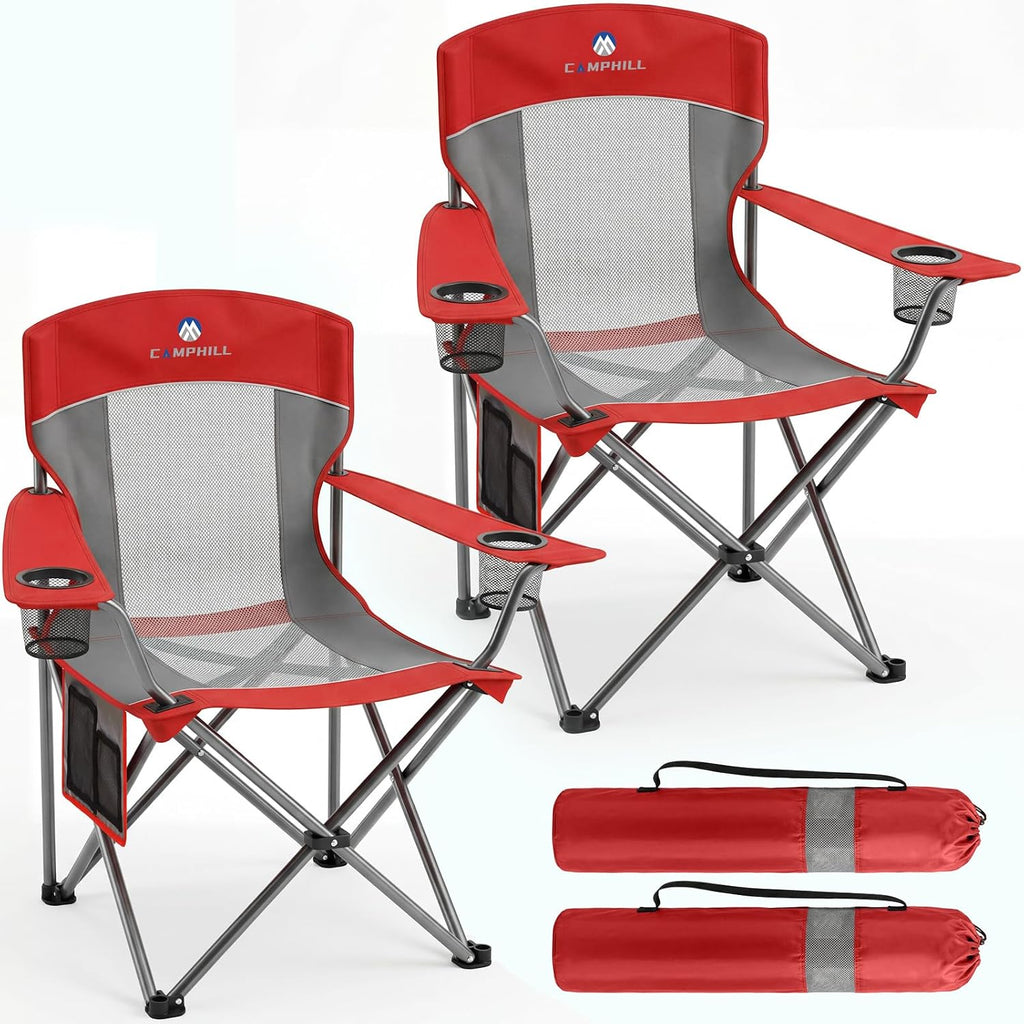 2 Pack Camping Chairs for Adults,Oversized Mesh Back Lawn Chair with Cup Holder, Side Pocket&Bag for Outdoor,Beach,Picnic,Fishing,and Sports,Breathable,Heavy Duty,Black