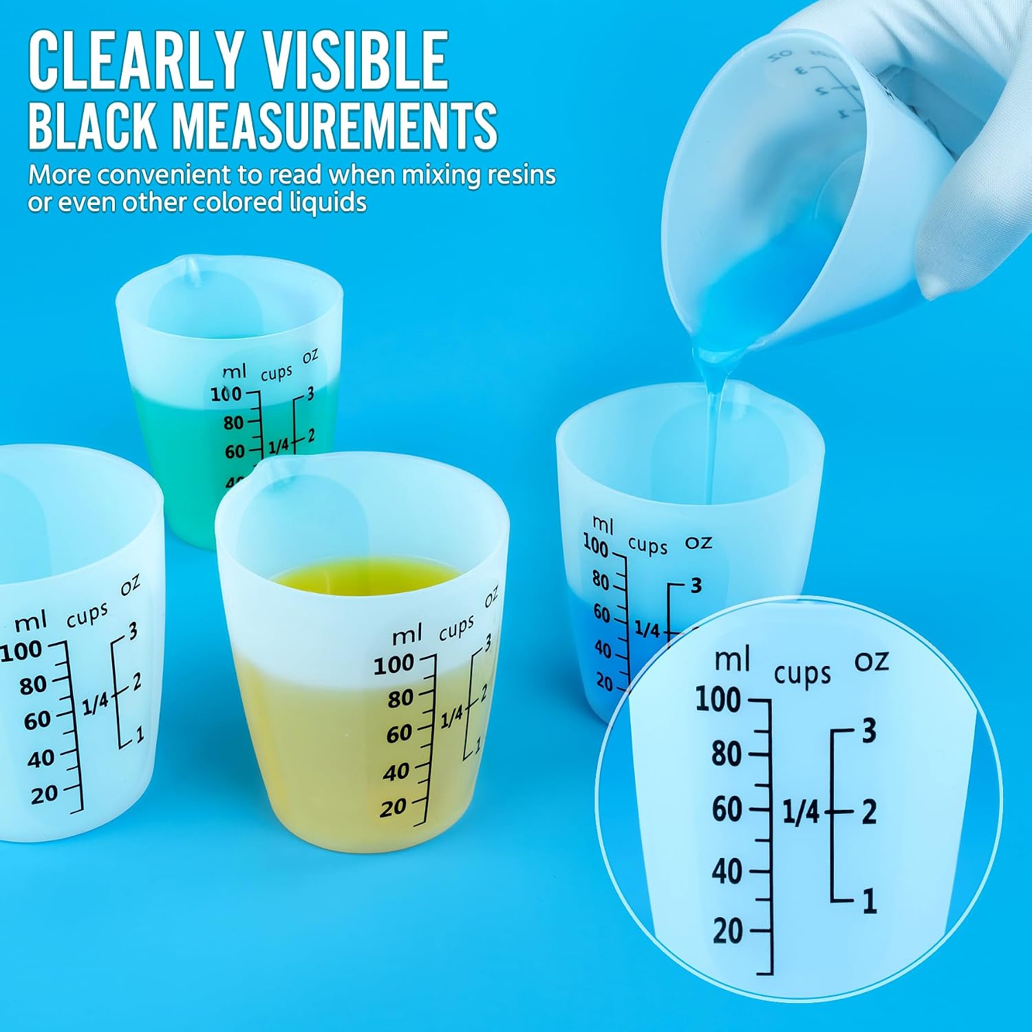 10Pcs Silicone Resin Mixing Measuring Cups 100ml / 3oz for Resin Supplies, Easy-to-Read Black Marks, Non-Stick Reusable Silicone Pouring Cups for Epoxy Mixing