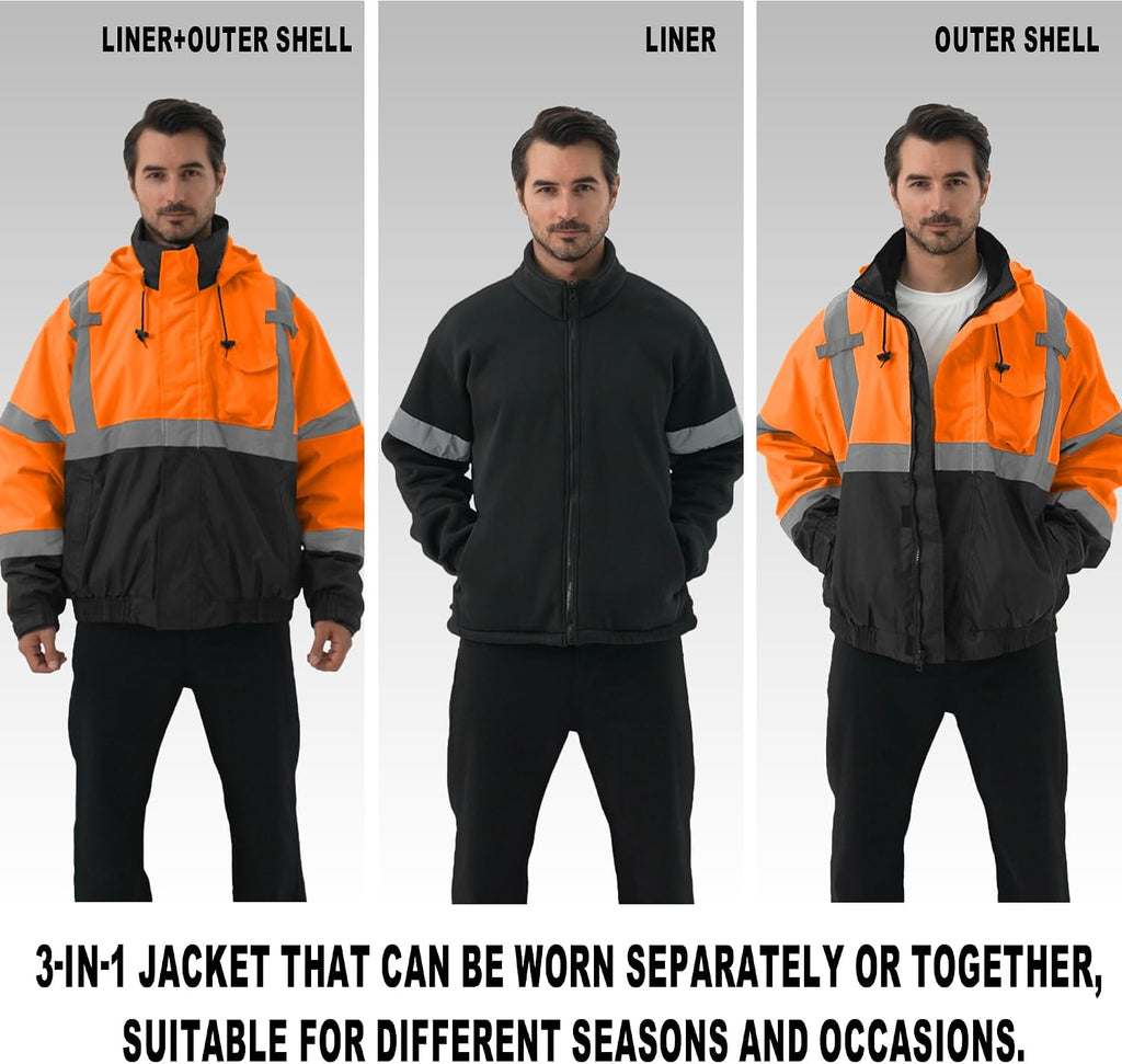 3 in 1 Safety jacket,Reflective high Visibility Hooded jacket,Hi Vis Bomber Jacket shell and fleece lining,Waterproof,ANSI Class 3 Black Bottom Orange,4XL