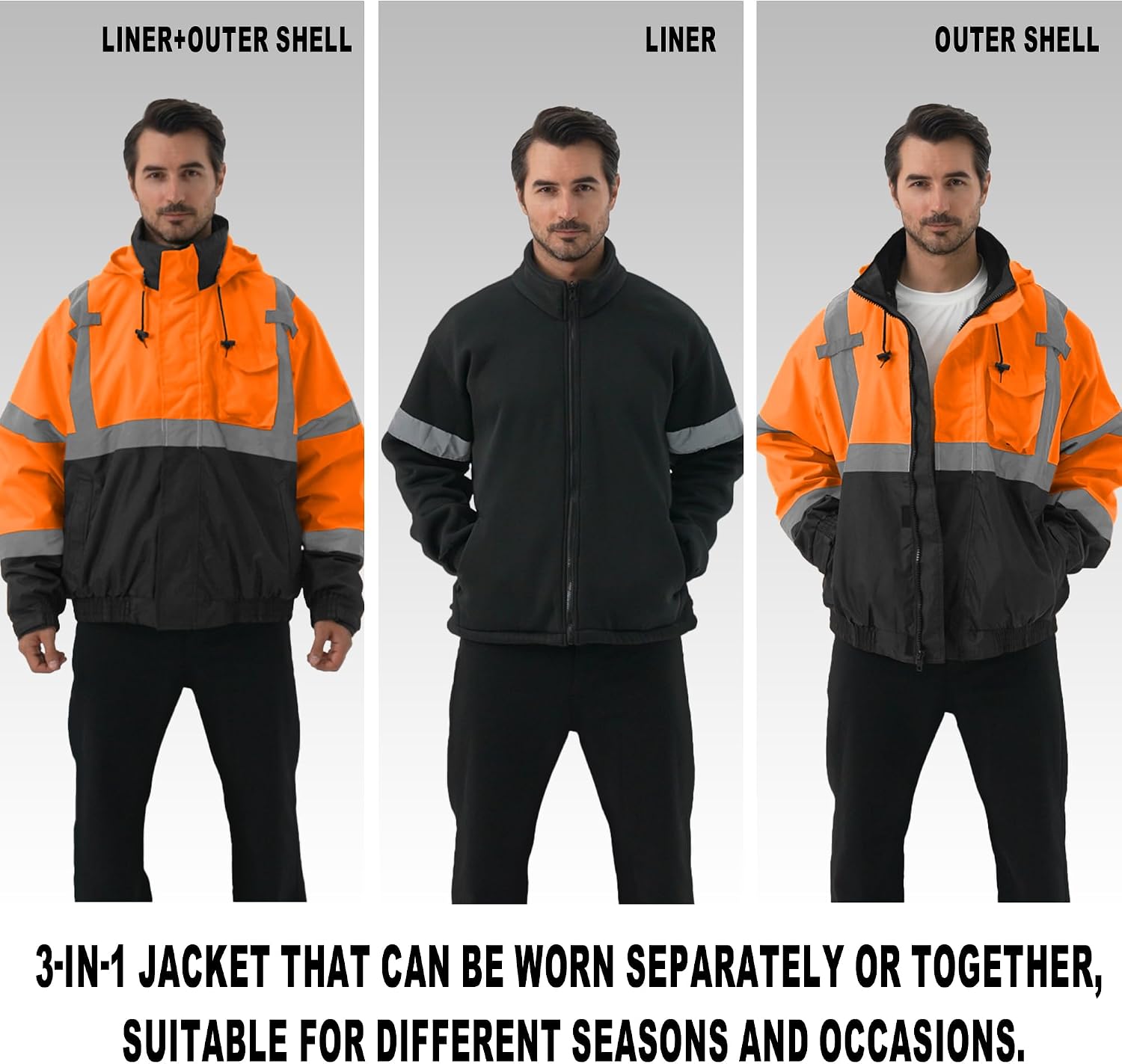 3 in 1 Safety jacket,Reflective high Visibility Hooded jacket,Hi Vis Bomber Jacket shell and fleece lining,Waterproof,ANSI Class 3 Black Bottom Orange,2XL