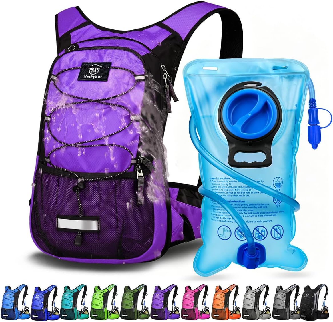 Mothybot Insulated Hydration Backpack Pack with 3L BPA Free Leak Proof Water Bladder, Large Storage Lightweight Hiking Daypack with Waist Pouches & Cooler Layer, for Running, Biking, Camping, Festival