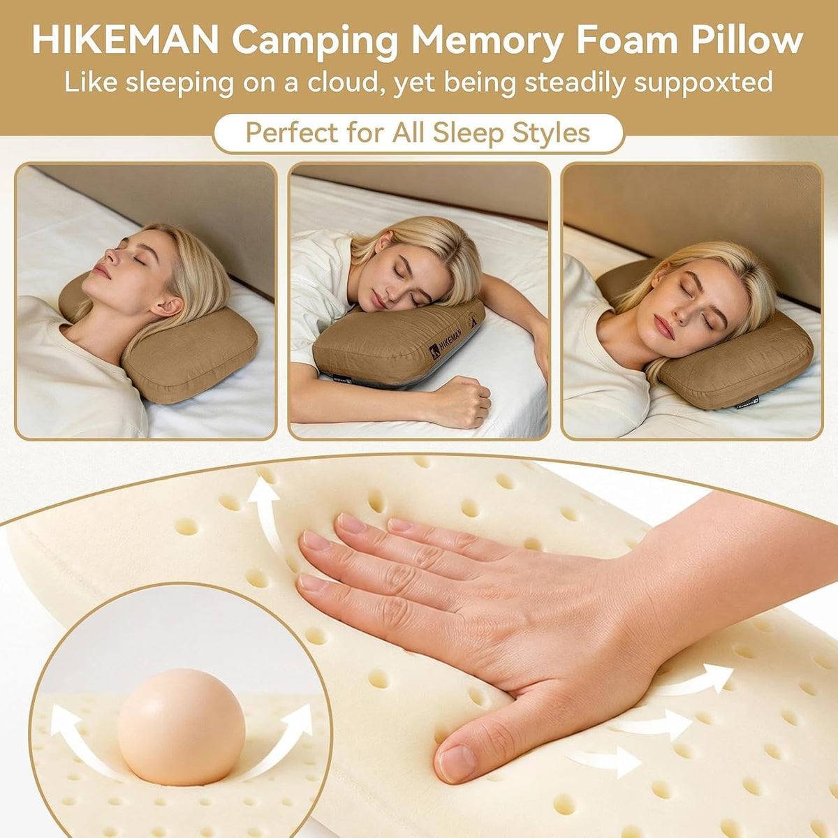 HIKEMAN Camping Memory Foam Pillow - Ultralight Travel Pillow,Backpacking Pillow with Removable Cover,Ergonomic Pillows,Neck Lumbar Support for Outdoor Camp,Sport,Hiking,Backpacking Sleep (Brown)