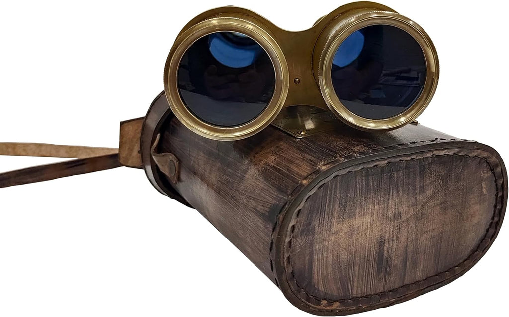 Brass Antique Binoculars, Grey, Brown Leather Strap