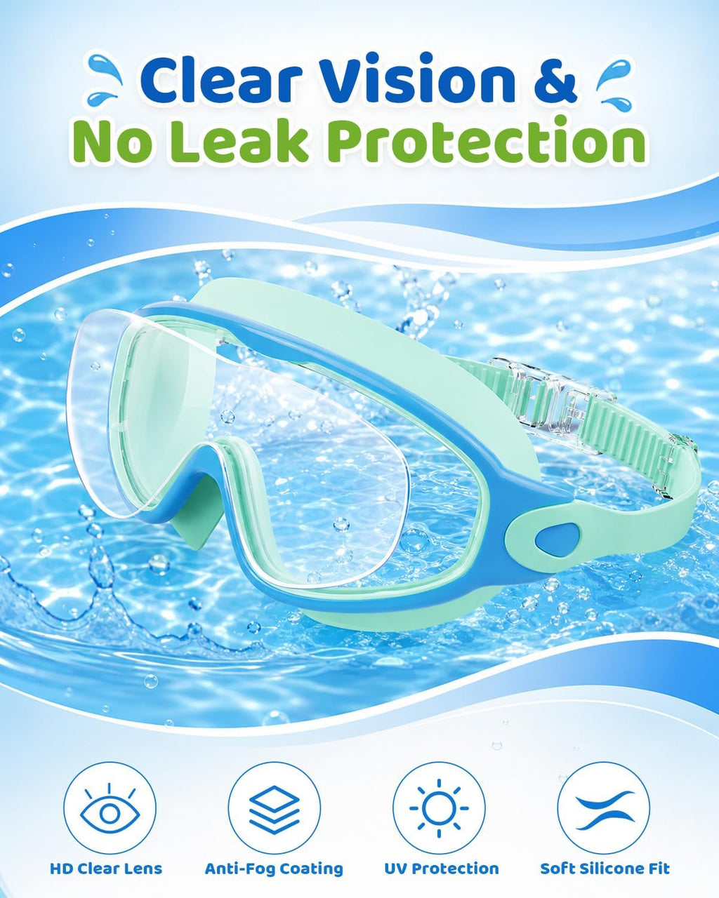 Kids Swim Goggles 2 Pack, Anti Fog No Leak UV Protection Ages 4-15