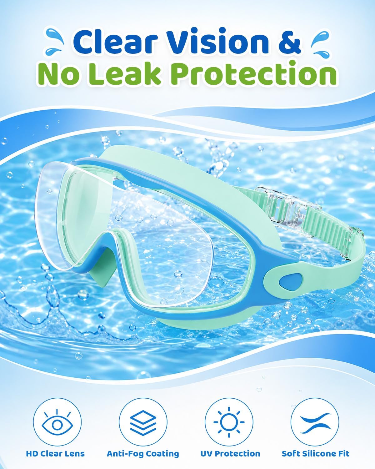 Kids Swim Goggles 2 Pack, Anti Fog No Leak UV Protection Ages 4-15
