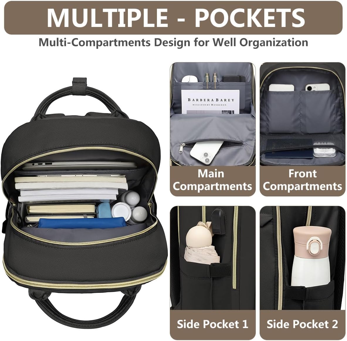 Laptop Backpack for Women Work Bag - 15.6 inch Black Travel Backpack College Backpack with USB Charger Business Office Back Pack for Teacher Casual Waterproof Bookbag for Nurses