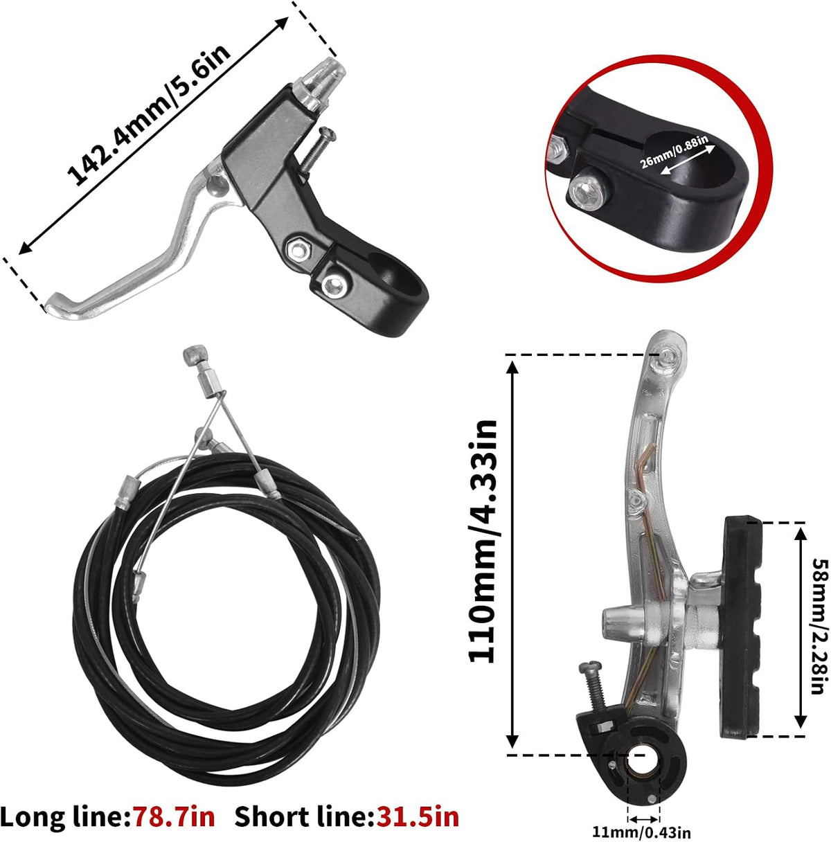 Gashwer V-Type Bike Brakes Set, Complete Universal Bike Front and Rear MTB Bicycle Brake, Inner and Outer Callipers Cables Lever Kit with Multi-Tool Wrenches Silver
