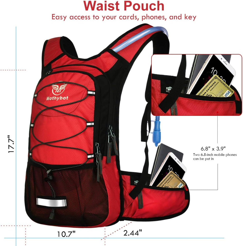 Mothybot Insulated Hydration Backpack Pack with 3L BPA Free Leak Proof Water Bladder, Large Storage Lightweight Hiking Daypack with Waist Pouches & Cooler Layer, for Running, Biking, Camping, Festival