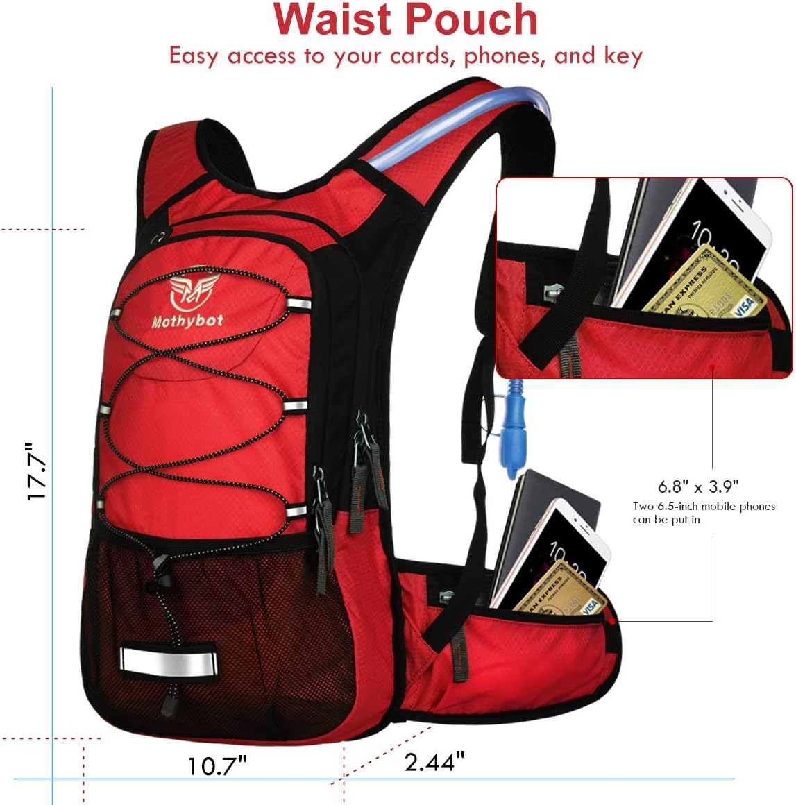 Mothybot Insulated Hydration Backpack Pack with 3L BPA Free Leak Proof Water Bladder, Large Storage Lightweight Hiking Daypack with Waist Pouches & Cooler Layer, for Running, Biking, Camping, Festival