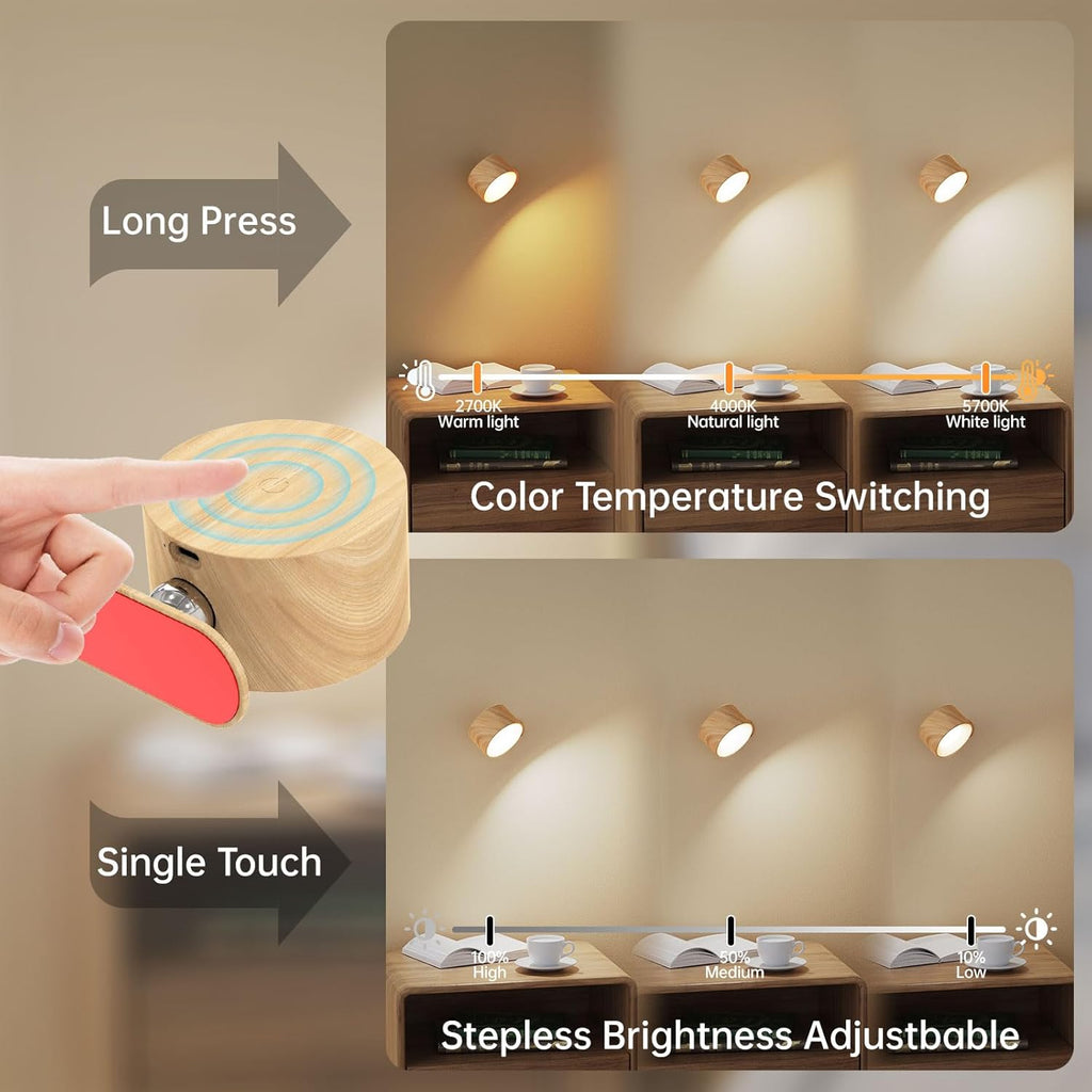 AKSDA Battery Operated Wall Sconces Set of 2, Magnetic Cordless LED Wall Lights with 3 Color Temp & Dimmable Touch Control, 360° Rotating Rechargeable Wall Lamp, Reading Light for Bedroom & Bedside