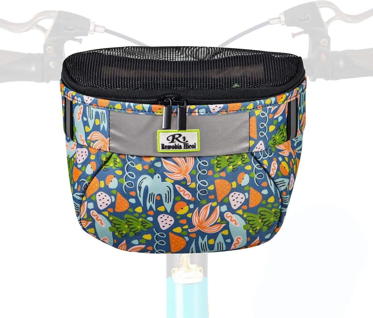 Remobia Hicol Kids Bike Basket,Durable Front Frame Bicycle & Scooter Basket Bag,Waterproof Fabric Bicycle Handlebar Bag for Boys, Girls, Toddlers with Zipper Mesh Lip(Flower)
