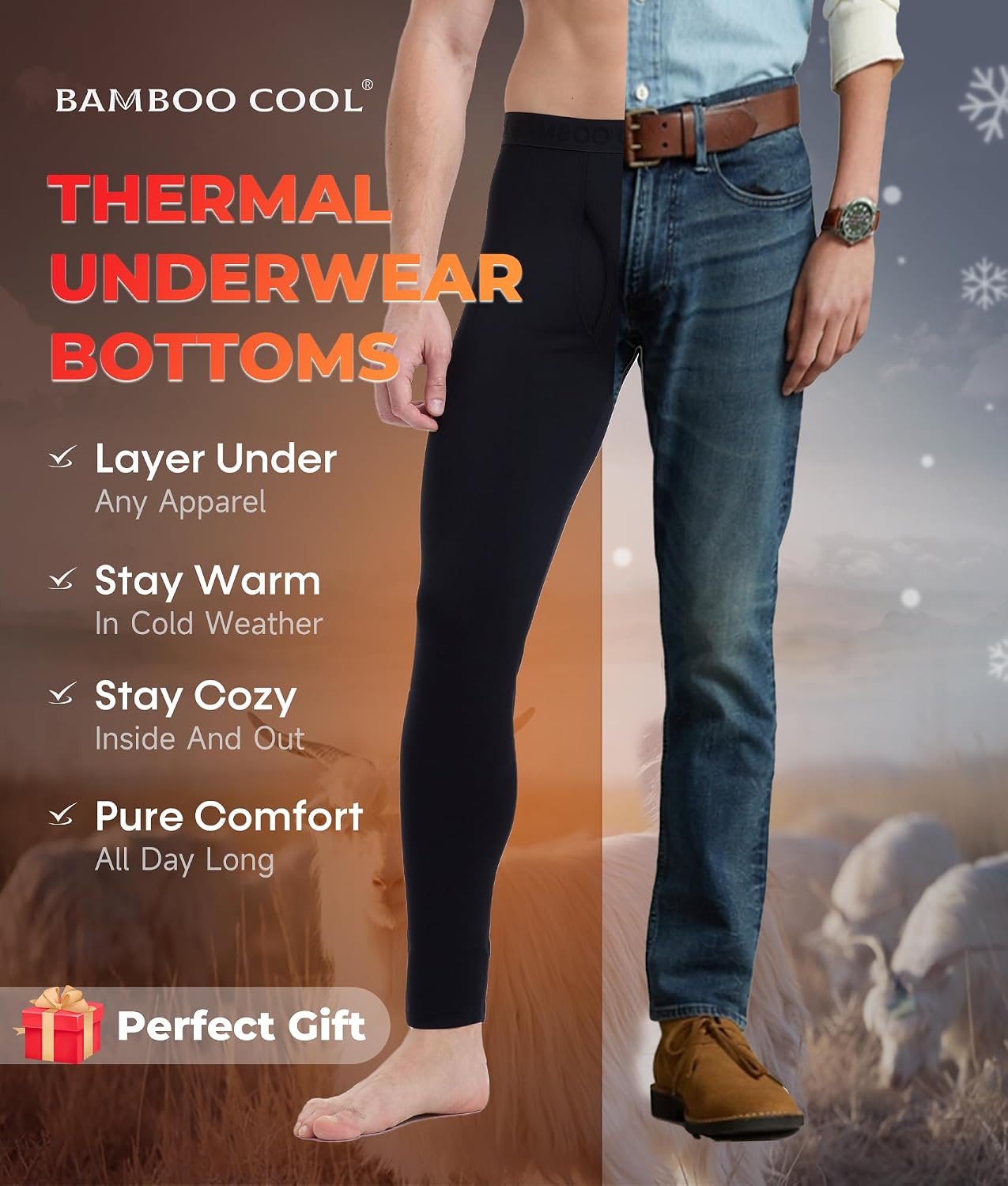 BAMBOO COOL Men's Wool Blend Thermal Pants, 2-Pack Heavyweight Long Johns