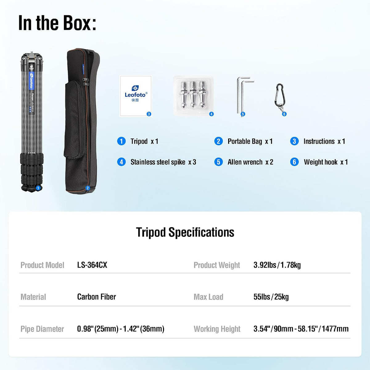 LEOFOTO 58" Carbon Fiber Tripod, Lightweight Travel Compact Tripod for Mirrorless Camera, DSLR, 4-Sections with Max Tube Dia 36mm, Load Up to 55lbs/25kg (LS-364CX)