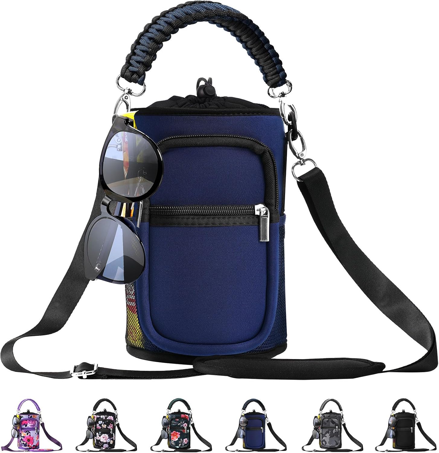 AceTreker 32/40/64/87/128 oz Water Bottle Carrier Bag, Neoprene Water Bottle Sleeve with 4 Pocket, Sport Water Holder with Paracord Handle and Shoulder Strap for Walking Hiking Camping Gym