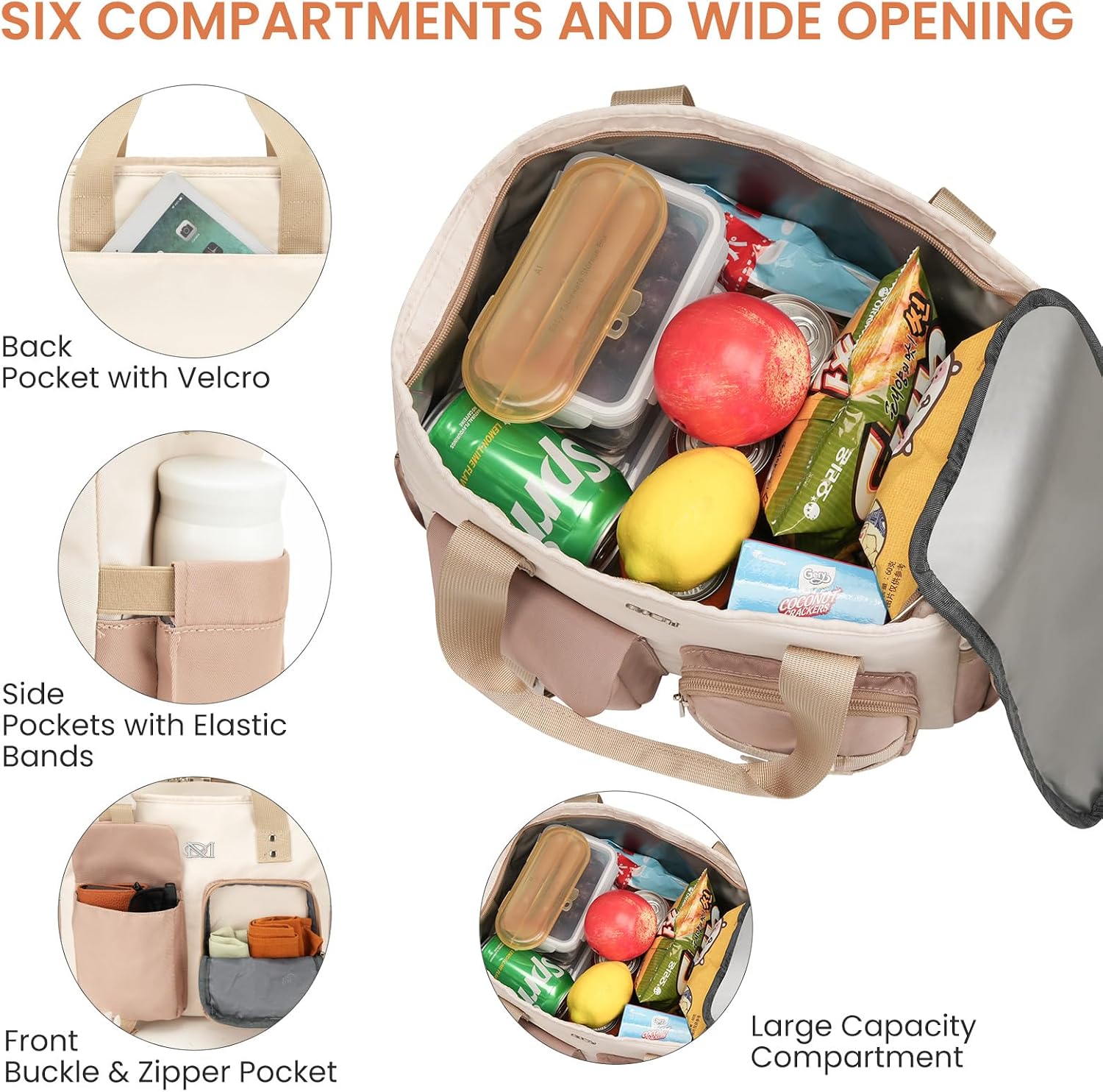 Large Insulated Lunch Bag for Women, Leakproof Lunch Box for Adults, Wide Opening Lunch Tote Bag with Shoulder Strap, Reusable Lunch Cooler Bag for Work, Picnic,Beach,School,Khaki Beige