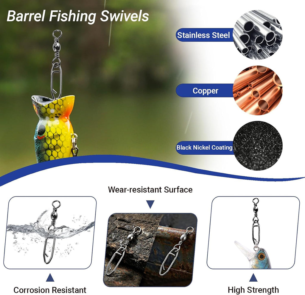 QISHUO High Strength Fishing Swivels Stainless Clips Steel Snap Swivels Barrel Connector Saltwater Swivel Fishing Rolling Black Nickel