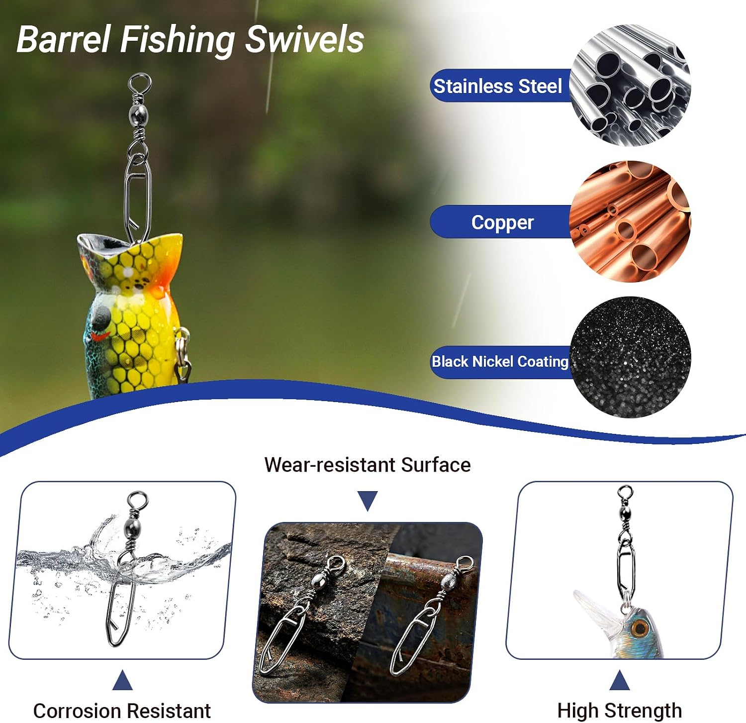 QISHUO High Strength Fishing Swivels Stainless Clips Steel Snap Swivels Barrel Connector Saltwater Swivel Fishing Rolling Black Nickel